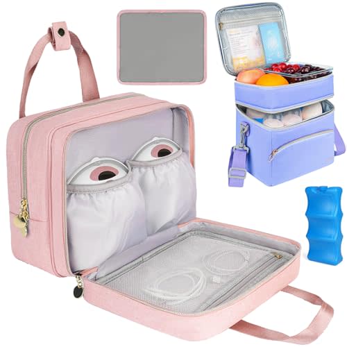 Wearable Breast Pump Bag with Cooler Compartment Compatible with Momcozy M5/S12 Pro, Elvie & Medela Pump in Style, Baby Bottle Cooler Bag with Ice Pack, Pink & Blue