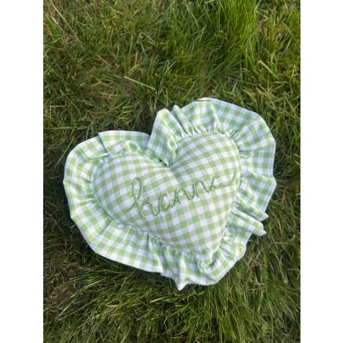 Ruffle Gingham Embroidered Throw Pillow | Personalized Heart Pillow | Baby Gift | Green Gingham Pillow | Nursery Decor | Nursery Pillow