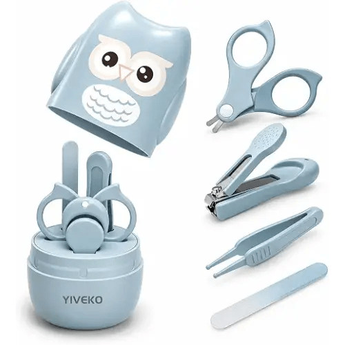 YIVEKO Baby Nail Kit, 4-in-1 Baby Nail Care Set with Cute Case, Baby Nail Clipper, Scissor, Nail File & Tweezer, Baby Manicure Kit and Pedicure kit for Newborn, Infant, Toddler, Kids-Owl Blue