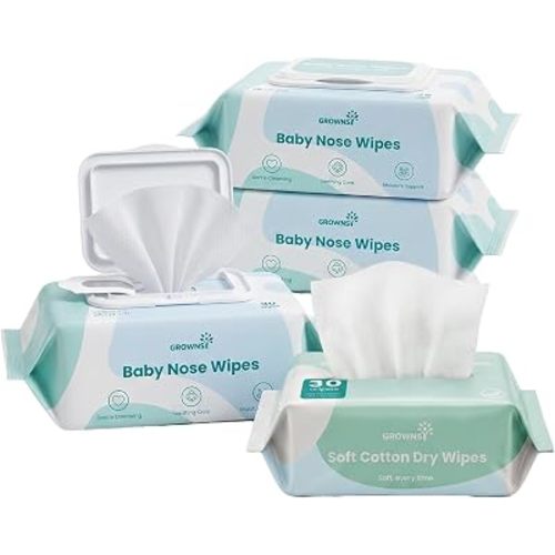 GROWNSY 2-in-1 Saline Baby Nose Wipes and Cotton Dry Wipes, 120 Count