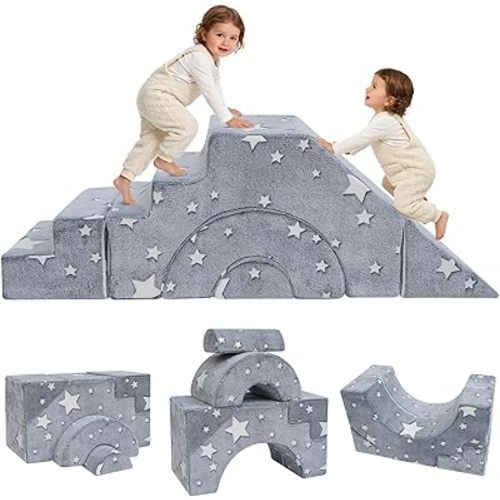 MeMoreCool Kids Couch, Glow in Dark Stars Foam Climbing Sofa with Slide