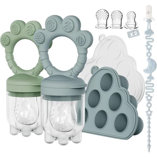 2 Pack Baby Fruit Food Feeder + Breastmilk Popsicle Molds,Baby Teethers,BPA Free,3 Sizes,2mm Fine Holes to Prevent Choking,Perfect for Teething Relief & Infant Solid Food Introduction,3 M+(Ether/Sage)