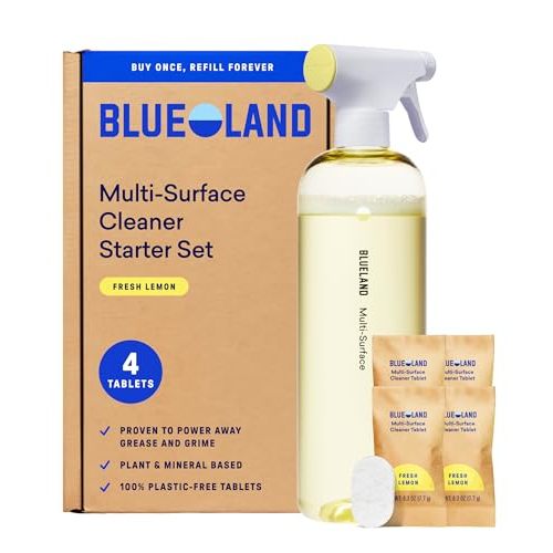 BLUELAND Multi-surface Spray Cleaner, Starter Set, Fresh Lemon | 100% Plastic-Free Tablet, EPA Safer Choice Certified, Free from Ammonia, PFAS & Microplastics, Safe on Glass, Stone, Wood