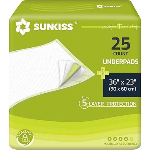 SUNKISS TrustPlus 36" x 23" Disposable Underpads for Incontinence, Super Absorbent Leakproof Bed Pads, Furniture Protectors, Pee Pads for Adults, Kids, Elderly, and Pets, 25 Count
