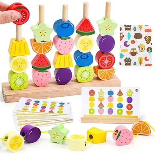 Toddler Toys & Baby Toys: Montessori Wooden Beads Learning Resources Kit for 1-5 Year Olds, Travel Toys with Stacking Blocks, Lacing Beads, Sensory Play for Toddlers 1-3, Gifts for Boys Girls