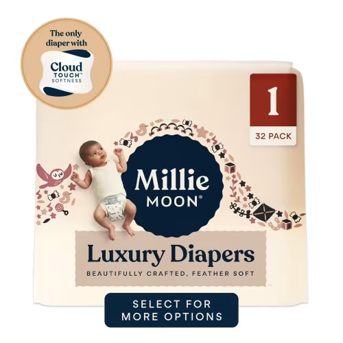Millie Moon Luxury Diapers – Size 1 (Newborn/Infant) | CloudTouch™ Softness | Hypoallergenic, Ultra-Absorbent | 32 Count