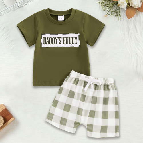 RTKFRFLM Toddler Boy Summer Shorts Set 2 Piece Baby Summer Clothes Daddys/Mamas Matching Outfit Short Sleeve Embroidery T Shirt Plaid Shorts Set Clothes Set Outfits,Size 9-12 Months