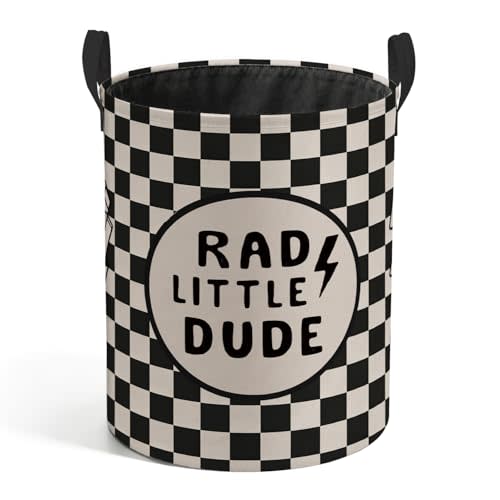 Retro Checkered Boys Room Laundry Basket, Rad Little Dude Black and White Laundry Hamper Waterproof Collapsible Clothes Toys Storage Bin Organizer for Boys Nursery Kids Playroom