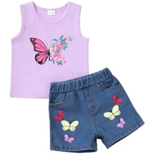 Mikrdoo Baby Girl Clothes Toddler Girl Summer Outfits Shirts Tops Ripped Denim Shorts Set Little Girl Clothes