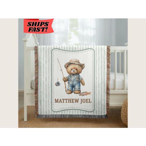 Personalized Teddy Bear Woven Blanket, Vintage Fishing Bear Nursery Decor, Custom Name Baby Blanket, Classic Nursery Gift