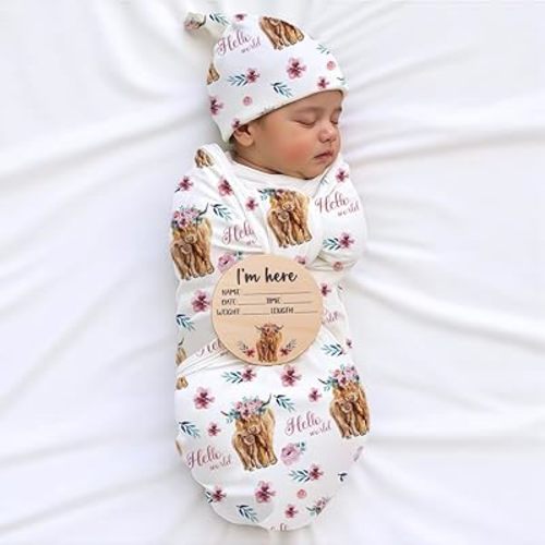 Ylsteed Baby Highland Cow Swaddle Blanket and Headband Set, Newborn Receiving Blanket Swaddle Wrap for Girls and Boys, Swaddling Blankets Neutral for Newborn 32 * 32 in (Highland Cow Pink)