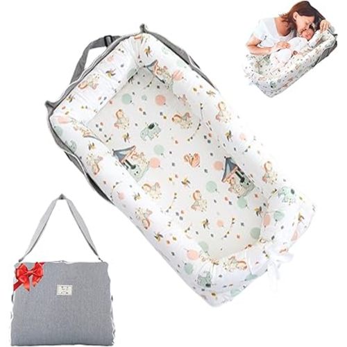 Baby Lounger for Newborn Portable Bag,Baby Nest Play Gym mat with Strap,Newborn Lounger Adjustable Size & Inner Zipper Lengthen Space to 24 Months(Carousel)