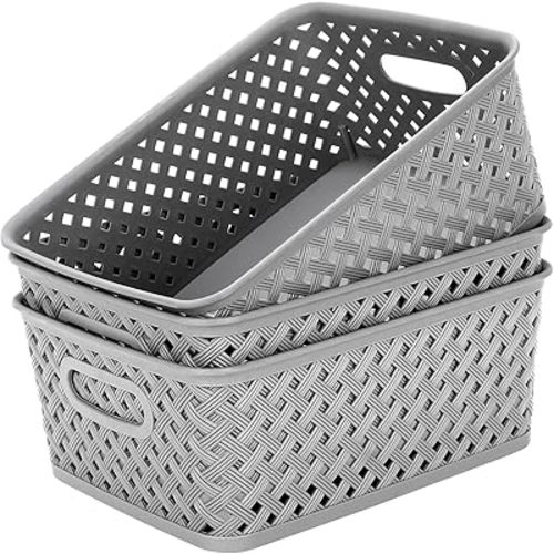 MaxGear Organization and Storage 3 Packs, Plastic Bins Organizer Bins, Woven Baskets for Storage, Plastic Baskets with Handles, Grey Basket for Organizing, Basket Organizer for Home and Office, Medium
