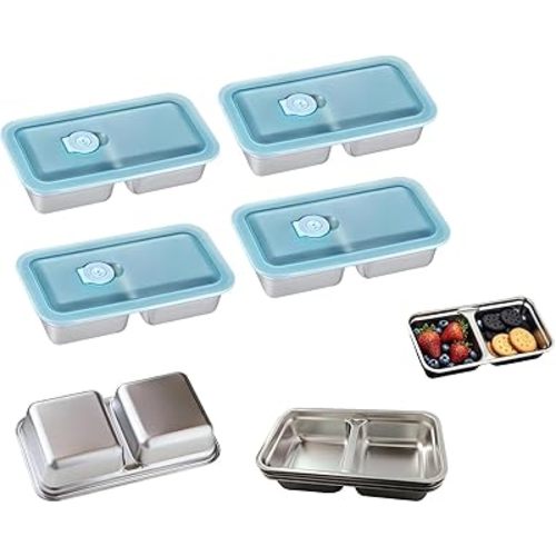 (4PCS) Grab and Go Snack Containers, Reusable Stainless Steel Snack Containers with Lids, Leak-Proof Stainless Steel Double Compartment Condiment Container, for Snacks Dips Travel