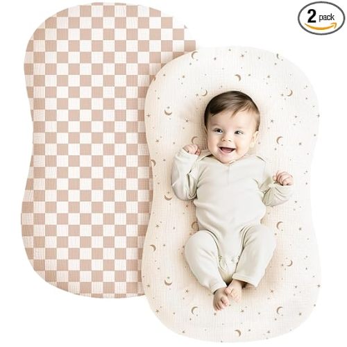 Konssy Muslin Baby Lounger Cover 2 Pack, 100% Cotton Newborn Lounger Cover, Soft and Breathable Lounger Slipcover for Boys Girls, Covers Only (Coffee Check,Moon)