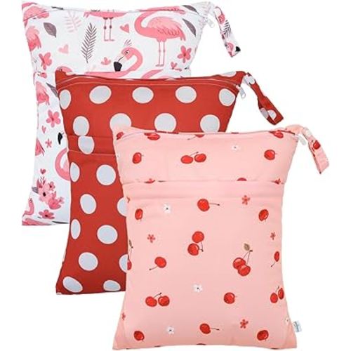 babygoal Wet Dry Bags 3 Pack, Waterproof Travel Bags for Swimsuits, Beach, Pool, Gym,Food Storage and Wet Clothes(Cherry,Flamingo,Polka Dot),3LN42-B