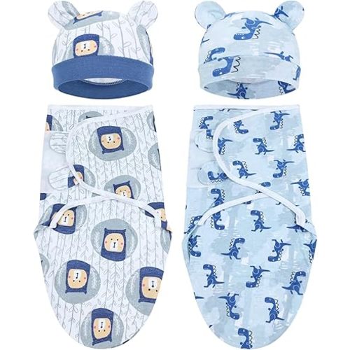Cinaci 2 Pack Adjustable Soft Cotton Blend Newborn Baby Receiving Swaddle Blankets Sleep Sacks with Nursery Hats Caps Beanies Bonnets for Baby Girls Boys Newborns Infants