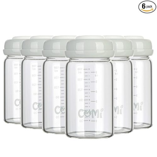 COMI Wide Neck Glass Breastmilk Collection n Storage Bottle, 6oz with Screw Ring Sealing Disk; Re-markable Sealing Disc. BPA Free, Fits Breast Pumps & Nipples (Gray Lids)