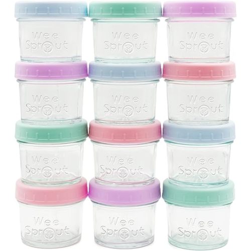 WeeSprout Baby Food Storage Glass Jars w/Lids (4 oz, 12 Pack) Pastel Variety, Snack, Reusable Small Containers, Fridge or Freezer, Microwave & Dishwasher Safe, Essentials for Infants