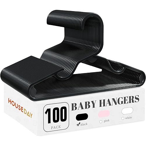 HOUSE DAY Baby Hangers 100 Pack - Durable Plastic Infant & Kids Clothes Hangers, Thin Compact Space-Saving Design for Nursery/Children's Closet, Toddler Small Hangers Black (Infant/Baby/Toddler/Kids)