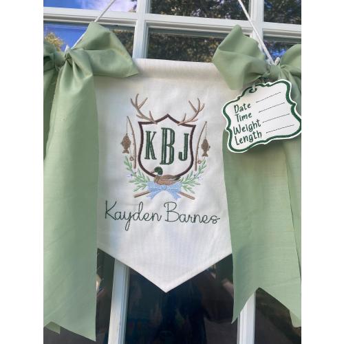 Boy Welcome Banner , Hospital Door Sign,   Newborn Gift, Hunting Fishing Baby Banner, Bassinet Name Sign