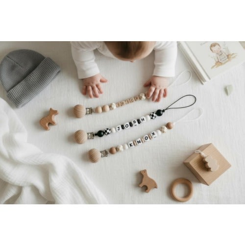 Checkered Flag Personalized Pacifier Clip | Baby Name | Baby Keepsake Personalized Baby Gift | Baby Shower | Newborn Gift | Tan Checkered