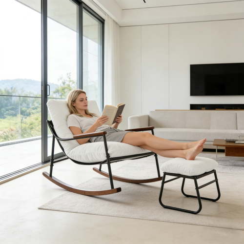 Rocking Chair with Footrest,Recliner Chair with Soft Cusion and Backrest,Solid Wood Glider Rocking Chair with Arm,Lounge Chair for Living Room, Bedroom,Office,White