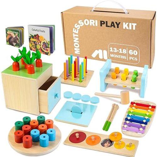 Wooden Montessori Toys for 1+ Year Old, 9 in 1 Learning Educational Toys for Toddler with Educational Box, Xylophone, Pound Bench, Shape Puzzle and More, Baby Toy Gift for 12-18 Months