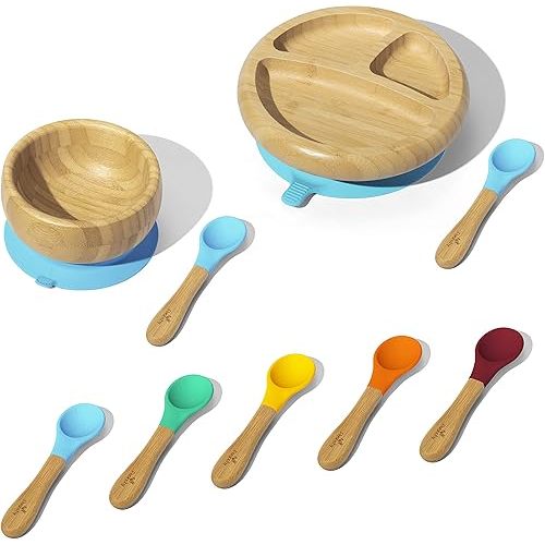 Avanchy Baby Divided Bamboo Plate, Bowl & Spoons Set - Baby Cutlery - Bamboo Kids Bowl - BPA Free Bowl - Bamboo Kids Utensils - Baby Divided Plate, Bowl, and Spoons Set, Blue