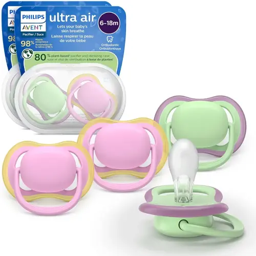 Philips Avent Ultra Air Pacifiers - Orthodontic Design, for Babies 6-18 Months, Soft Silicone Symmetrical Nipple, BPA-Free, 2 Sterilizing Cases, 4 Pack, SCF087/25