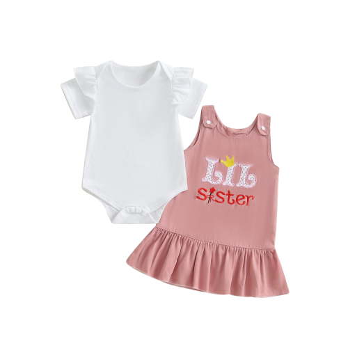Miaouyo Baby Girls Summer Clothes Solid Short Sleeve Romper with Letter Embroidery Overall Dress 2 Pcs Set