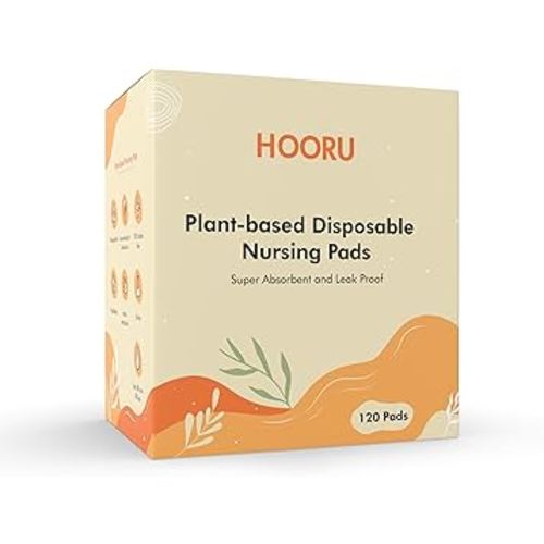 Hooru Plant Derived Disposable Nursing Pads - 120 pcs, Total Chlorine Free, Ultra-Absorbent & Leak-Proof, Soft on Sensitive Skin for Breastfeeding Moms