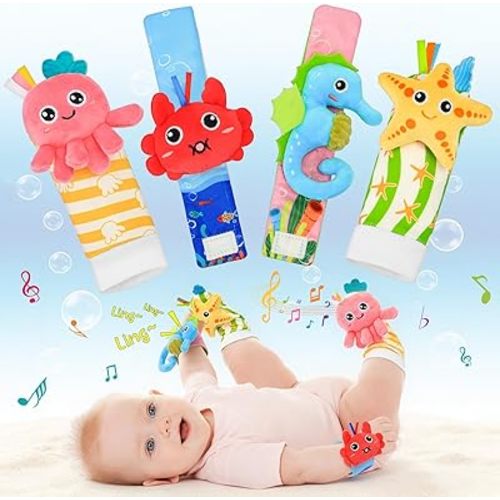 Baby Toys 0-6 Months - Wrist Rattle Foot Finder Socks Set for 3 Month Baby Toys Infants, Soft Plush Sensory Rattles for Newborn Boys Girls Essentials Shower Gifts