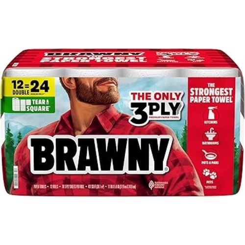 Brawny Tear-A-Square 3-Ply Paper Towels, 12 Double Rolls = 24 Regular Rolls, Strong, Absorbent, and Durable with 3 Sheet Sizes