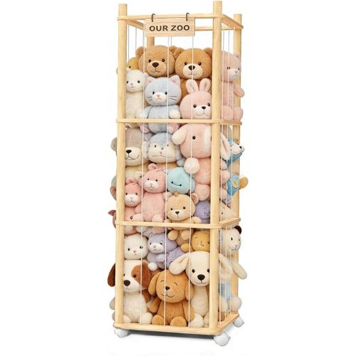Stuffed Animal Storage, Wood Stuffed Animal Zoo Storage with Brake Wheels, Space Save Toy Organizer, Large Capacity Stuffed Animal Holder, Perfect for Nursery Playroom Kidroom Bedroom-54.3 Inch