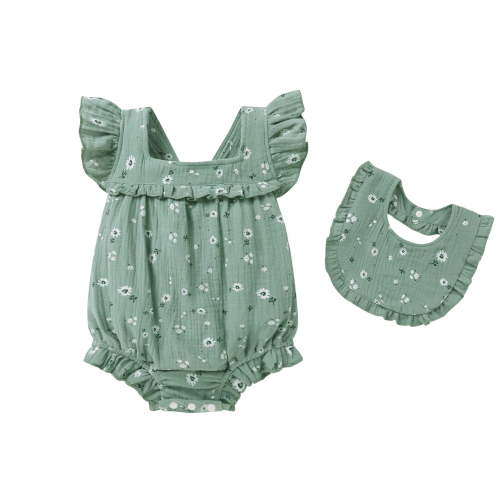 Happy Town Baby Girl Summer Clothes Infant Sleeveless Cotton Romper with Soft Bib Toddler Ruffled Jumpsuit Bodysuit