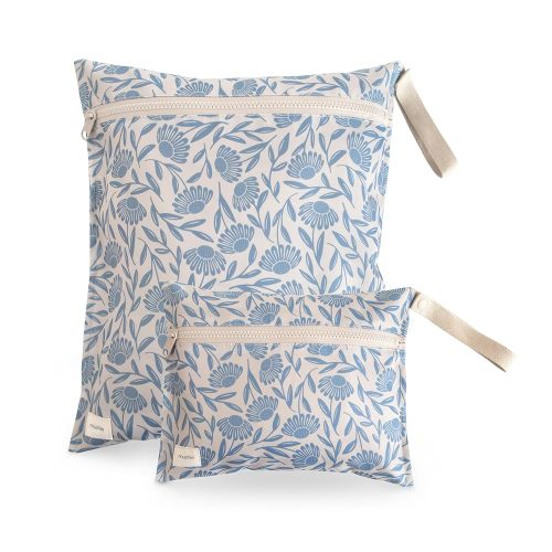 mushie Water Resistant Wet Bags | Large & Small Reusable Storage Bag for Baby Items and Travel | Zippered Pockets with Handle | Machine Washable, Set of 2 (Blue Flowers)