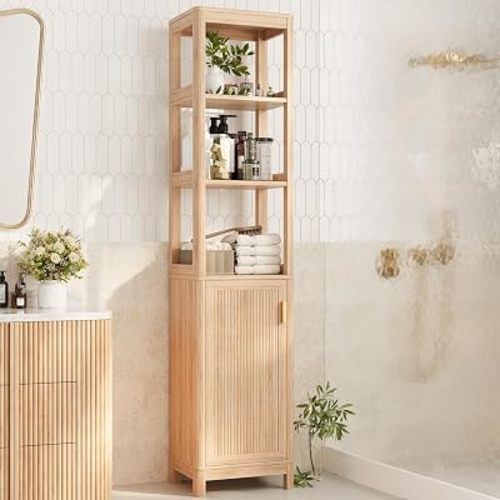 68'' Tall Narrow Storage Cabinet with Adjustable Shelf and Door, Bathroom Storage Cabinet, Space Saver for Bathroom, Kitchen, Living Room, Natural Oak