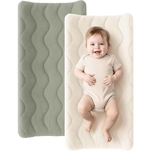 Konssy Waterproof Muslin Changing Pad Cover 2 Pack, 100% Cotton Quilted Diaper Changing Table Sheets, Soft Breathable Boho Nursery Bedding for Baby, Silent & Absorbent Standard Fit (Fog Green,Cream)