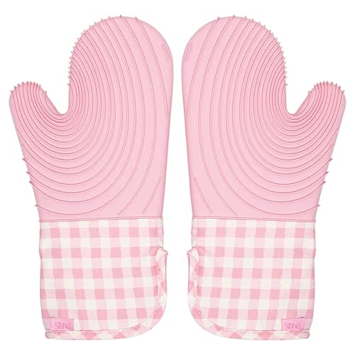 Paris Hilton Oven Mitt Set with Limited Edition Pink Gingham Design, Heat Resistant Pot Holders Featuring Non-Slip Textured Silicone Grips, 2-Piece Set, Pink