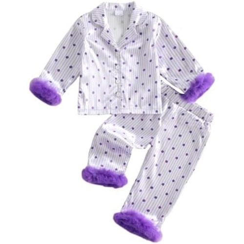 Kuriozud Toddler Little Girl Pajamas Fur Cuffs Print Tops Pants Pjs Set