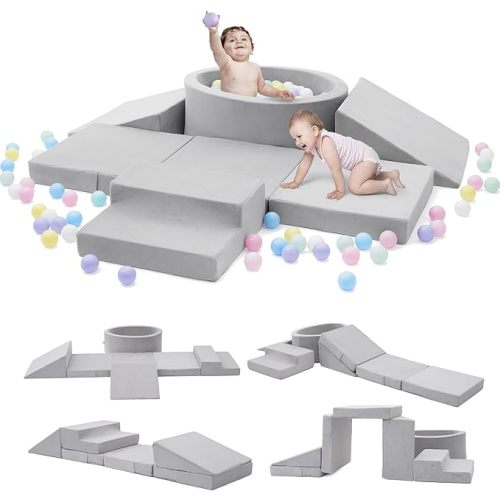 Foam Climbing Blocks with Ball Pit & Stairs for Toddlers Aged 1-3 -Soft Playset for Indoor Crawling, Foam Playground Set for Baby to Active Playing Inside -(Balls NOT Included),Grey