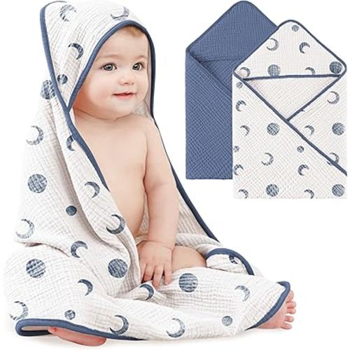 Bearmoss Muslin Baby Bath Towels 100% Cotton Baby Hooded Bathing Towels for Newborn Unisex Baby Boys Girls Infants Toddlers & Kids - 30x30in 2Pack (Blue Moon)