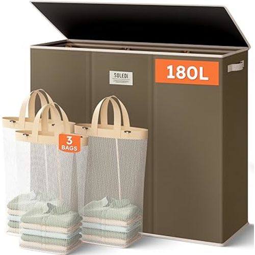 SOLEDI 180L 3-Section Laundry Hamper with Lid, Extra Large Dirty Clothes Basket with Sturdy Handles for Laundry Room & Bedroom - Durable Organizer for Sorting Laundry