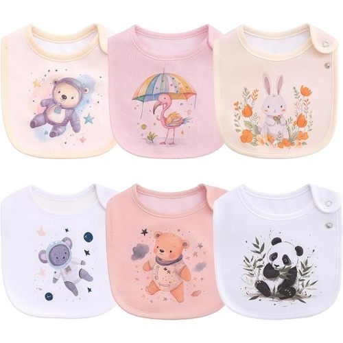 Maiwa 6 Pack Waterproof Cotton Baby Bibs for Girls Boys for Drooling Eating with Snaps