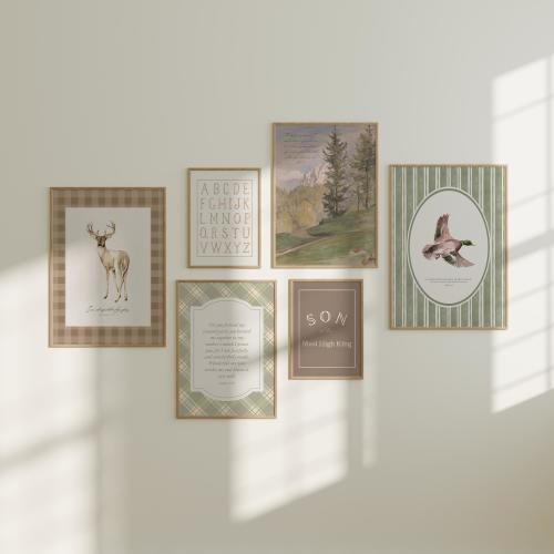 Woodland Forest Bible Verse Nursery Gallery Wall Set of 6 Christian Prints Boys Room Hunting Poster Deer and Duck Decor Vintage Mountain