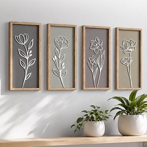 3D Wooden Floral Bathroom Wall Decor (Set of 4) Lightweight, Ready-to-Hang Framed Wall Art For Living Room, Bedroom, or Office - Premium Boho Botanical Farmhouse Decorations - Gift-Boxed