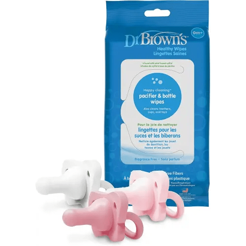 Dr. Brown's HappyPaci 100% Silicone Pacifier 0-6m, BPA Free, White, Pink, Light Pink, 3 Pack and Pacifier and Bottle Wipes, 40 Count