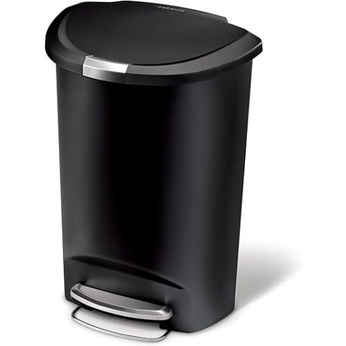 simplehuman Semi-Round Step Can, 50L / 13 Gallon Kitchen Garbage Can, 150,000-Step Pedal, Lid Shox® Technology, Custom Fit Liner, Generous Capacity for High Traffic Kitchen, Black Plastic