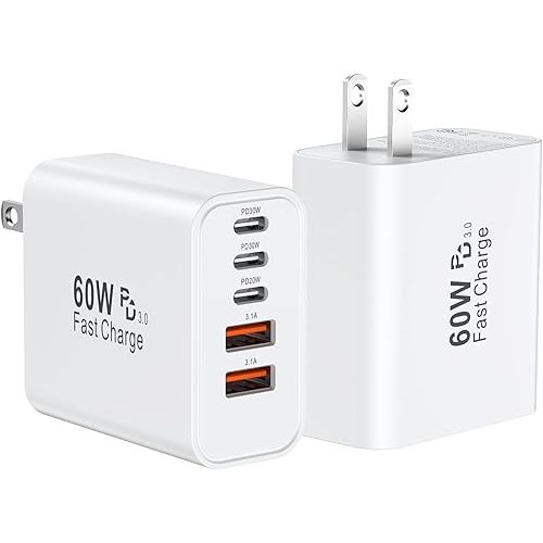 USB C Fast Charger Block, 60W USBC Wall Charger Plug, 2Pack 5-Port Type C Phone Charging Cubes Power Adapter Multiport Brick for iPhone 17/16/15/14/13/12/11/Pro Max/Plus/Air, iPad mini/Pro,Galaxy S25